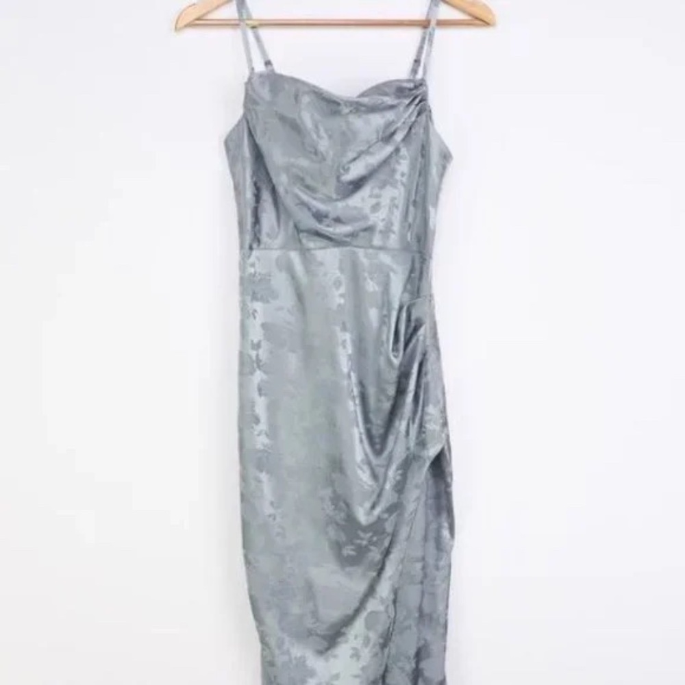 Lulus Slate Blue Satin Floral Jacquard Dress